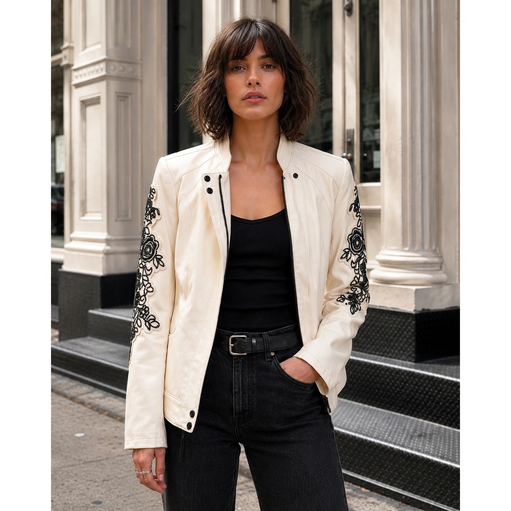 Cream Faux Leather Moto Jacket 10 Embroidered Black Floral Beaded G by Giuliana